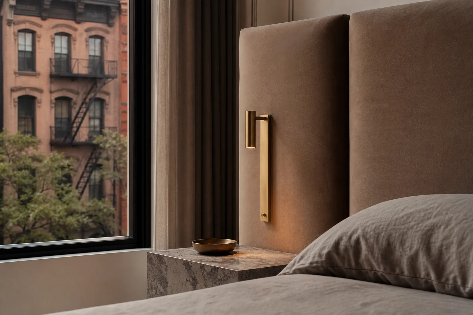Close-up of taupe velvet headboard with brass sconce and stone nightstand