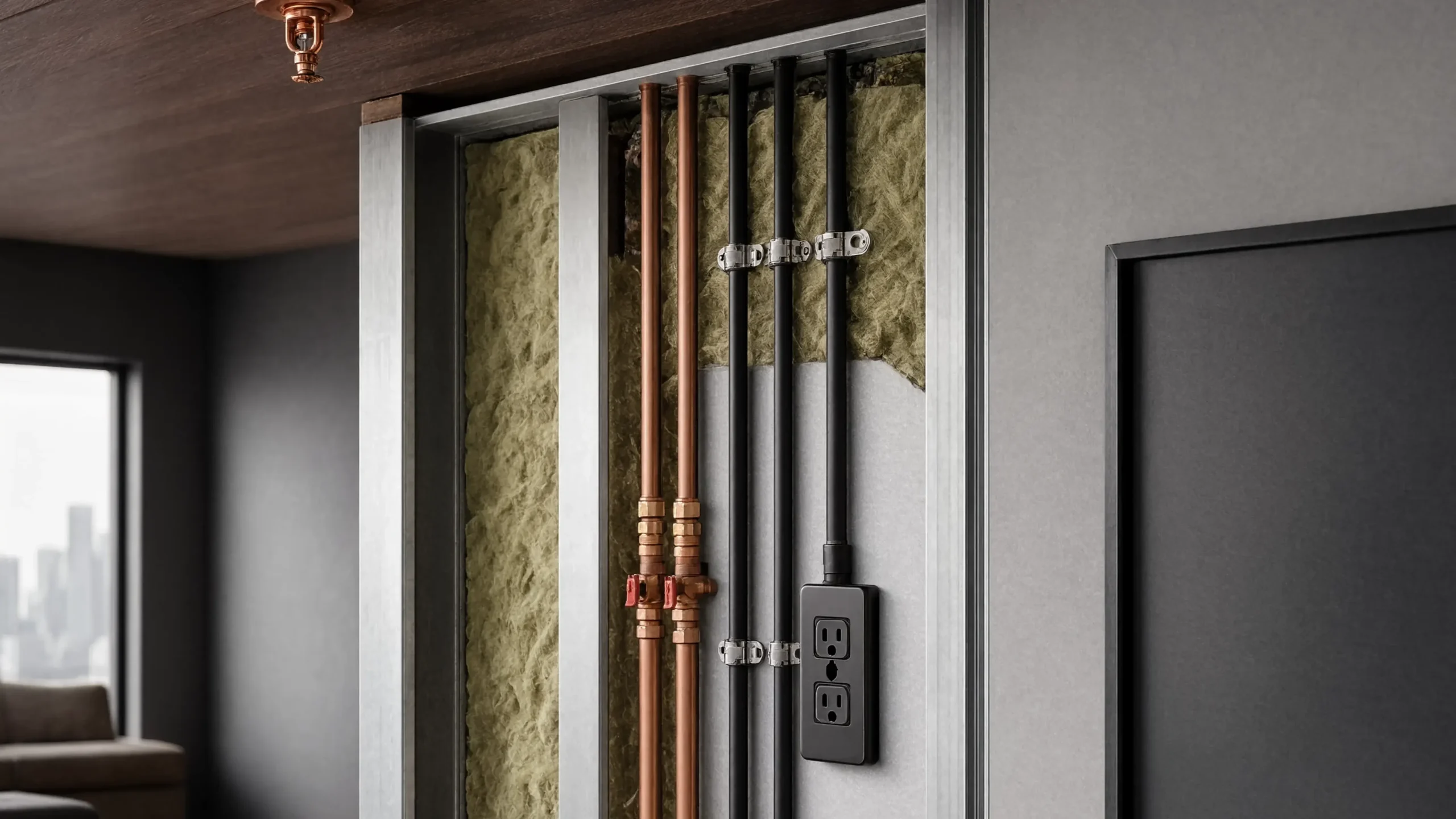 Detailed architectural cross-section of a luxury apartment wall showing hidden MEP systems, copper plumbing pipes, electrical wiring, and a GFCI outlet