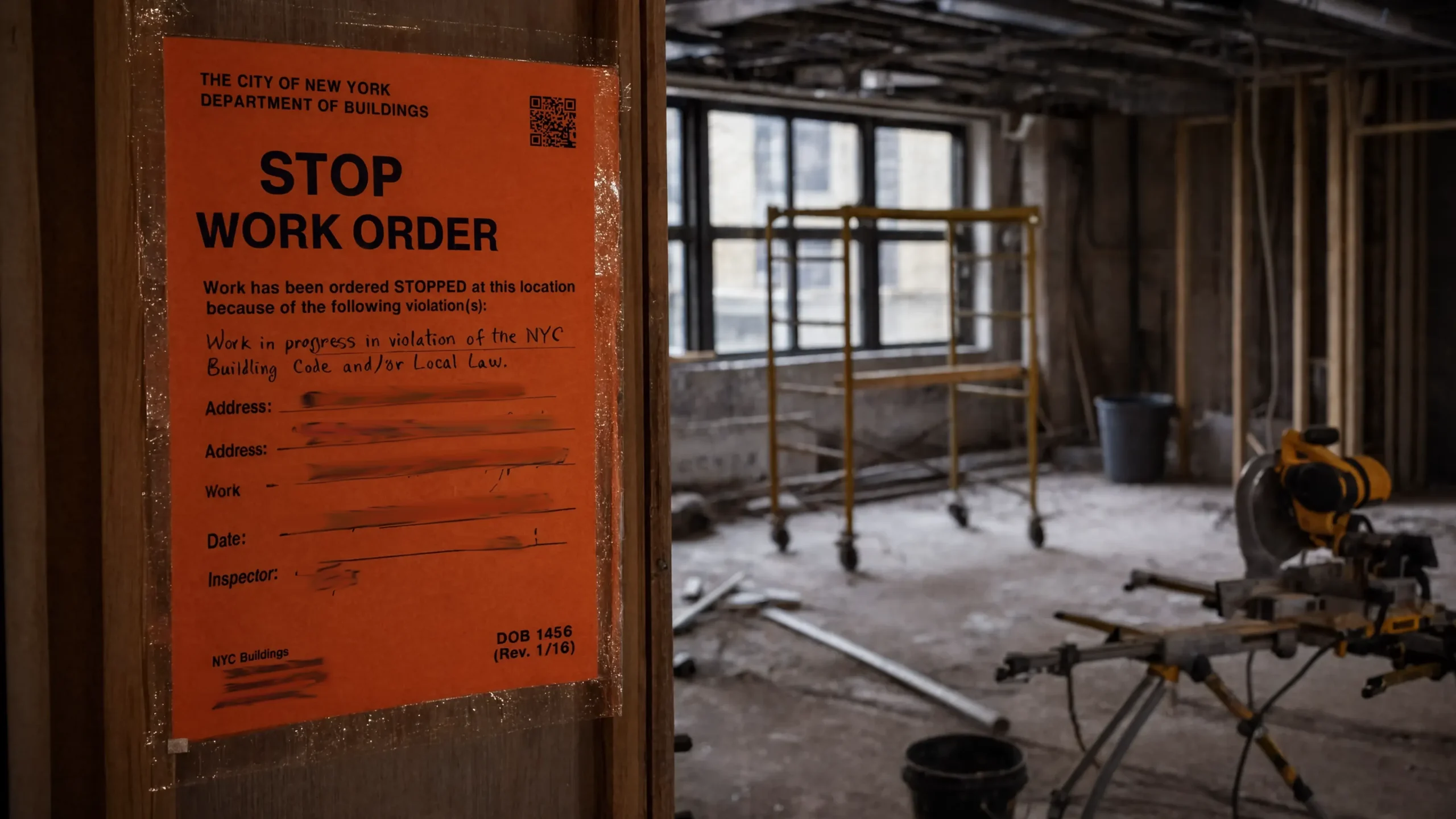Official orange NYC DOB Stop Work Order notice taped to a raw wooden stud on an empty luxury apartment renovation site