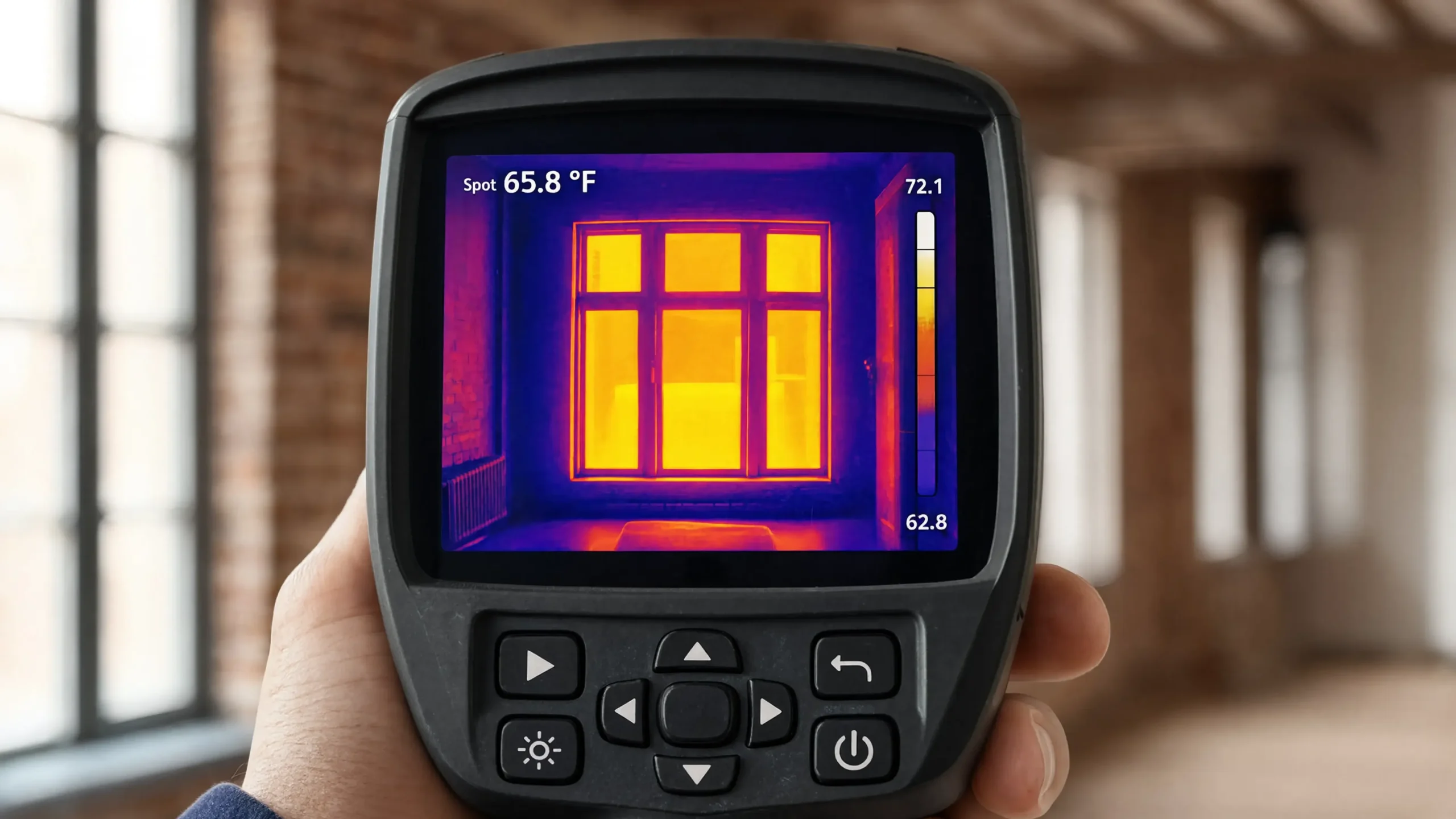 Technician checking thermal insulation and energy efficiency of a window in a pre-war Manhattan loft using a thermal imaging camera
