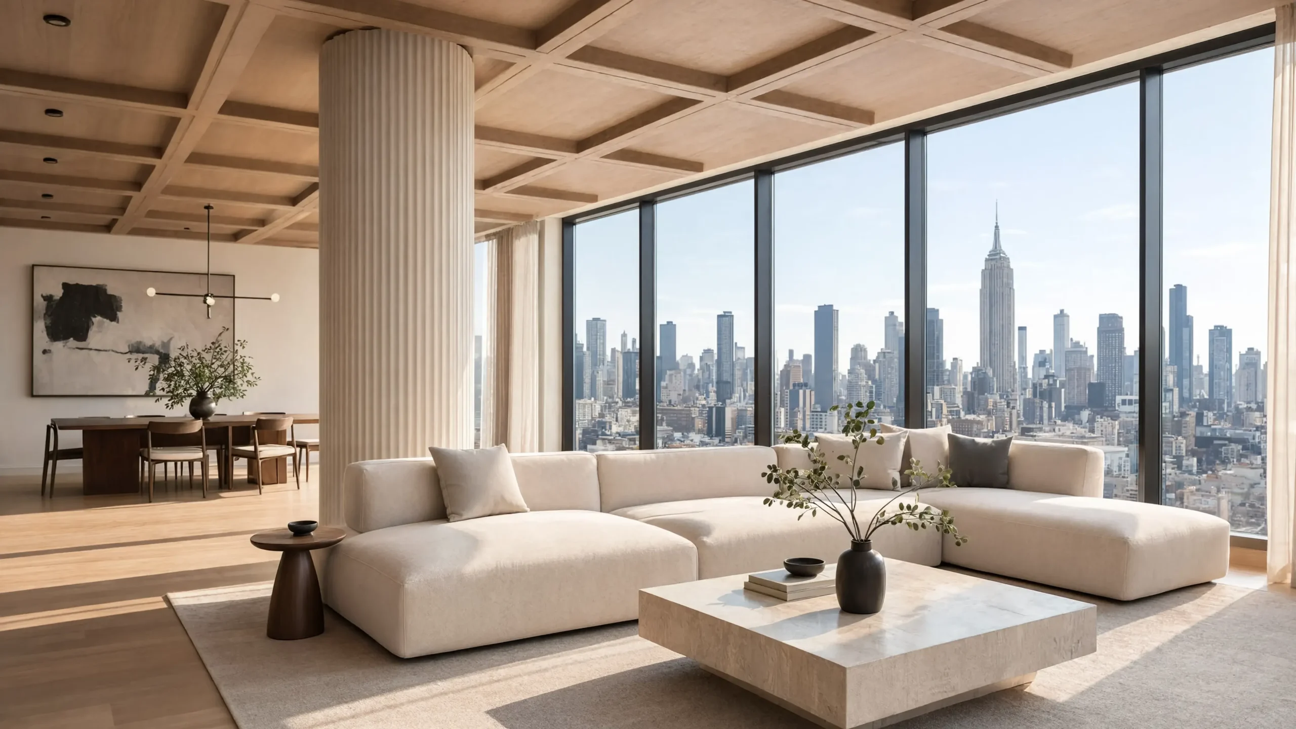 Finished luxury Manhattan loft interior featuring a travertine-wrapped structural column and integrated ceiling fire sprinkler system