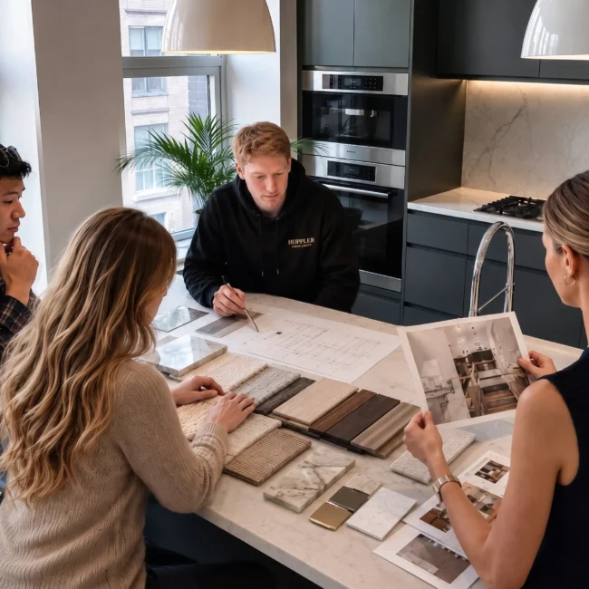 High-angle view of interior designers and clients gathered around a kitchen island, reviewing architectural layouts and blueprints, comparing flooring carpet tiles and stone swatches, and examining interior design rendering printouts during a home renovation meeting