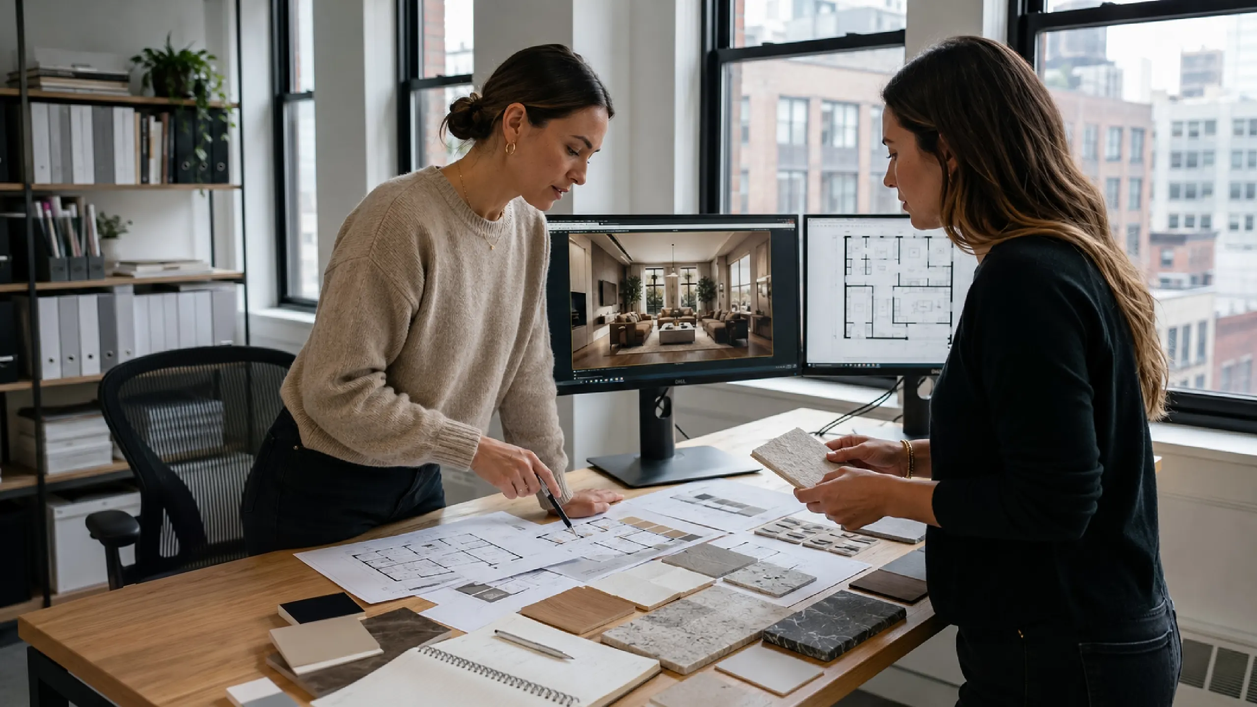 Two female interior designers collaborate over a wooden desk in a studio office, pointing at technical floor plan blueprints while comparing material stone swatches against 3D living room design renderings displayed on dual monitors.