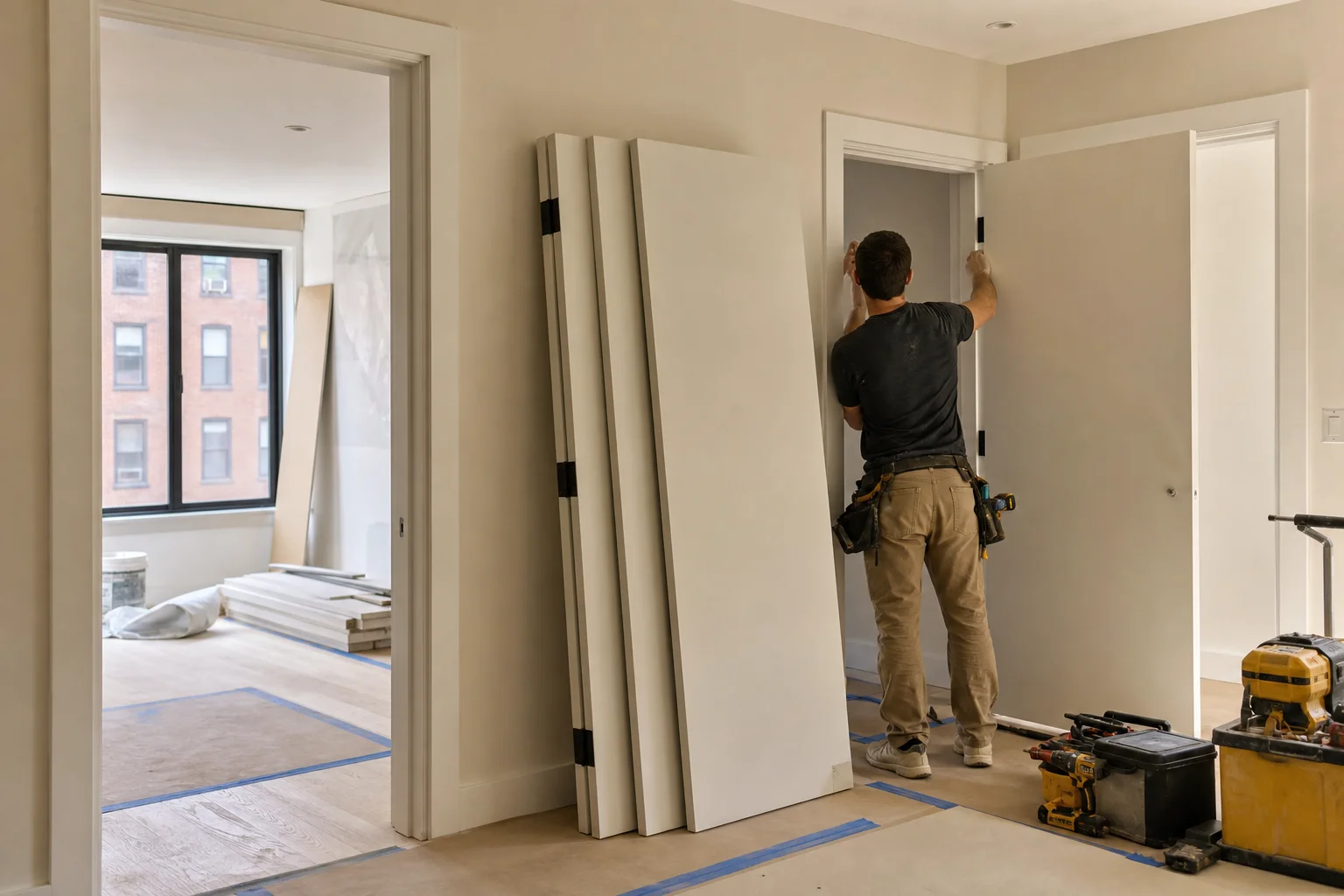 Installer fitting cabinet doors in Manhattan apartment kitchen renovation