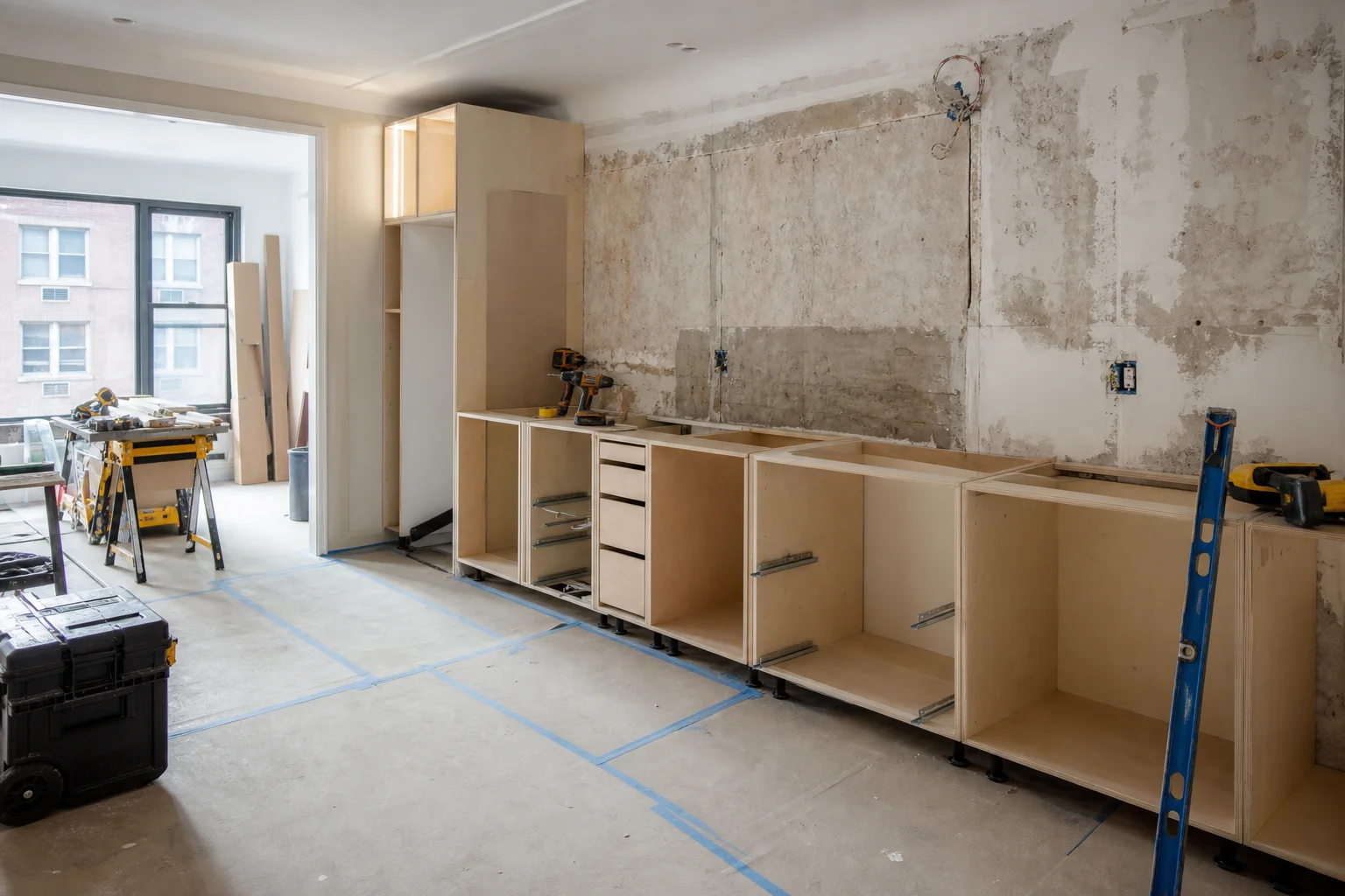 Workers installing new cabinet boxes against a stripped kitchen wall