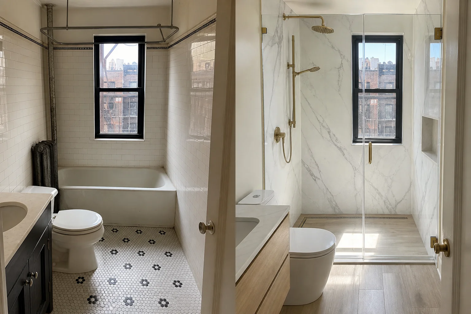 Before-and-after of tub removed and new walk-in shower with glass door