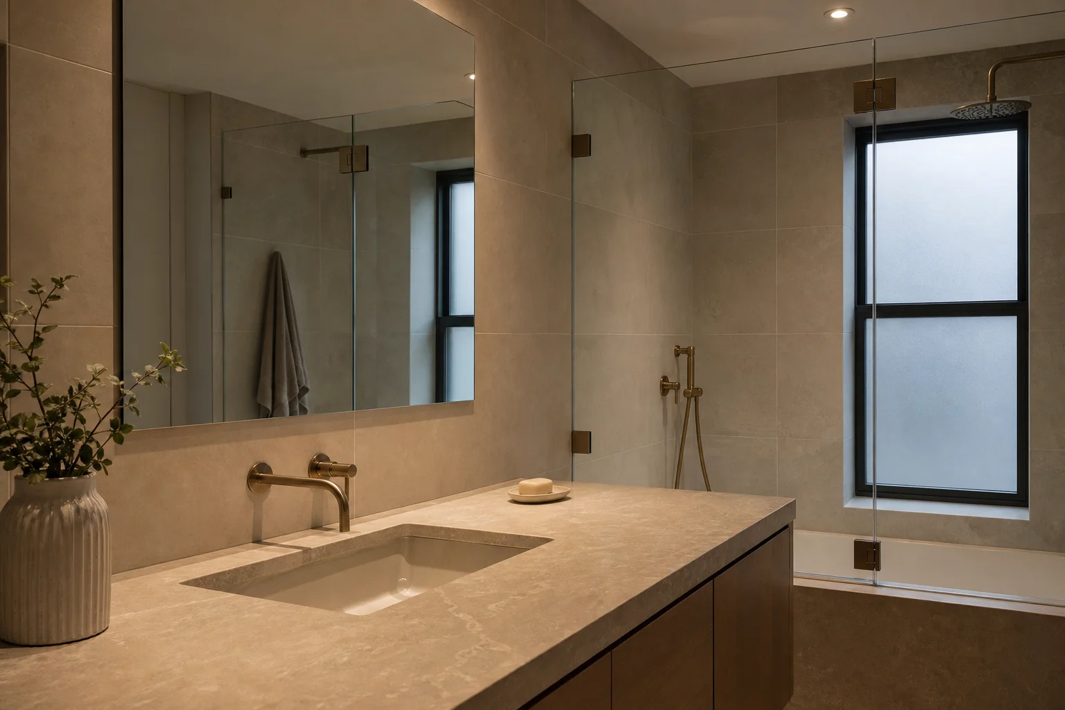 Bathroom vanity with rectangular mirror and frosted window