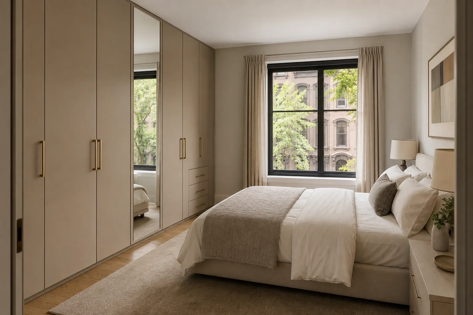 Bedroom wall with warm taupe built-in wardrobe and brass pulls