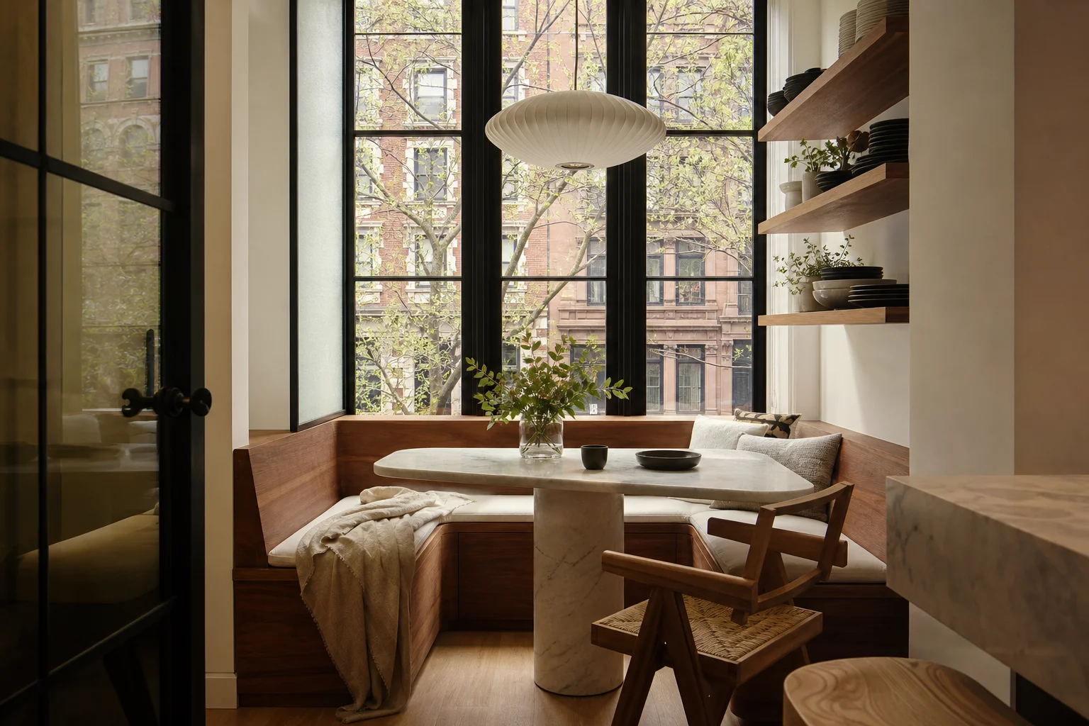 Corner breakfast nook with banquette and pedestal table, window view of NYC brownstones