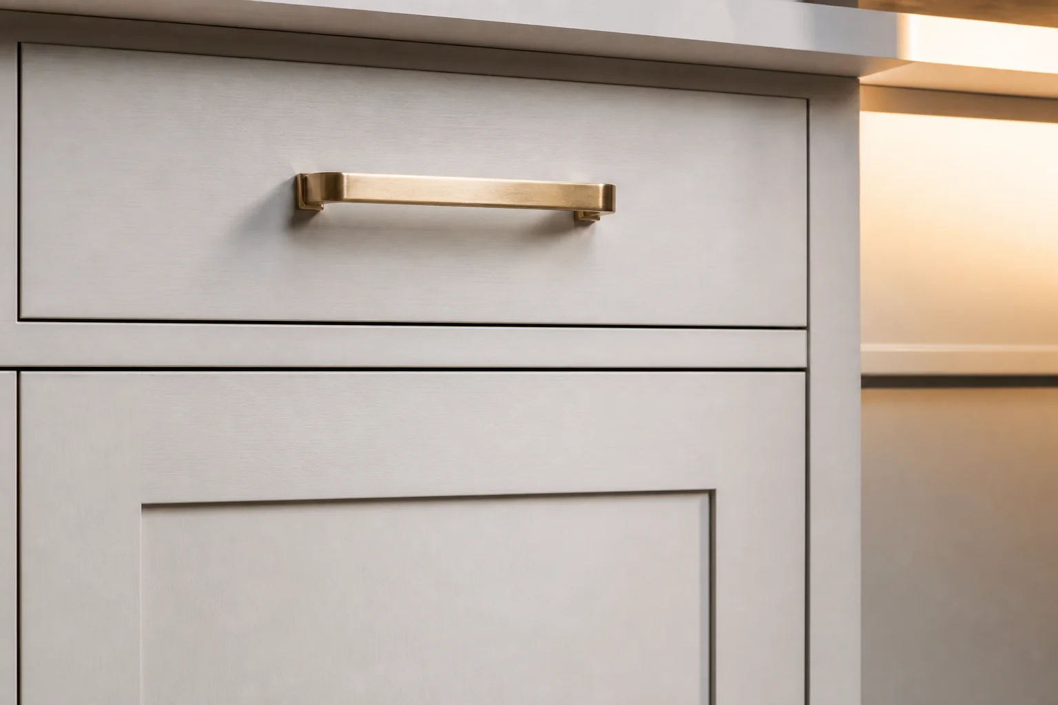 Close-up of painted maple shaker door with brushed brass pull