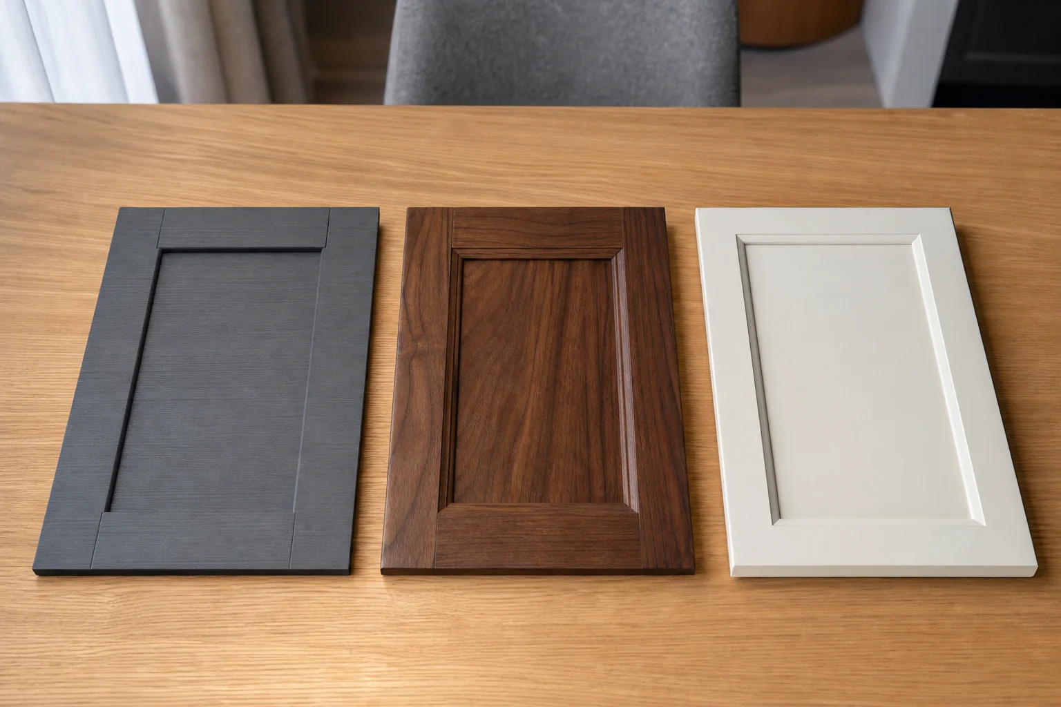 Three cabinet door samples in laminate, wood veneer, and painted solid wood