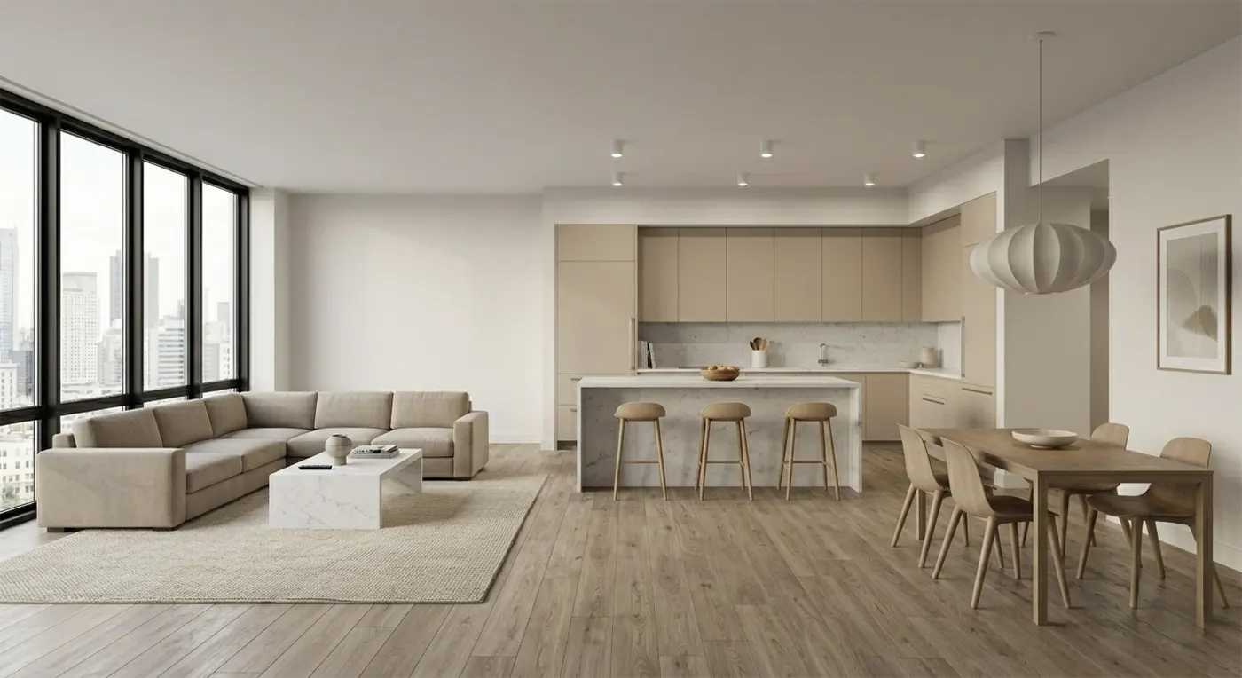 A sterile, uninviting NYC apartment interior demonstrating cheap minimalism, featuring flat white drywall, basic recessed lighting, and mass-produced furniture lacking texture and spatial logic
