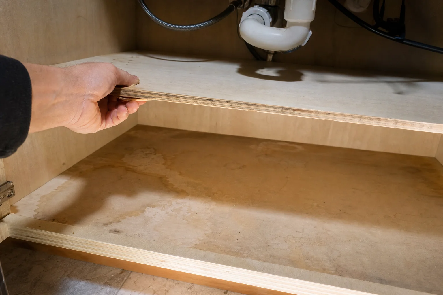Inspecting the inside of a sink base cabinet box for water damage