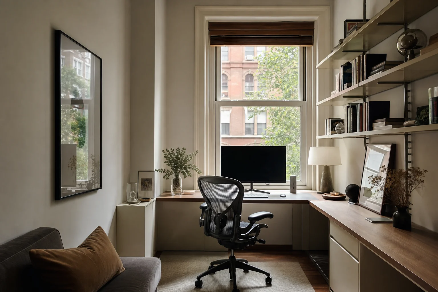 L-shaped desk in corner with ergonomic chair and shelving
