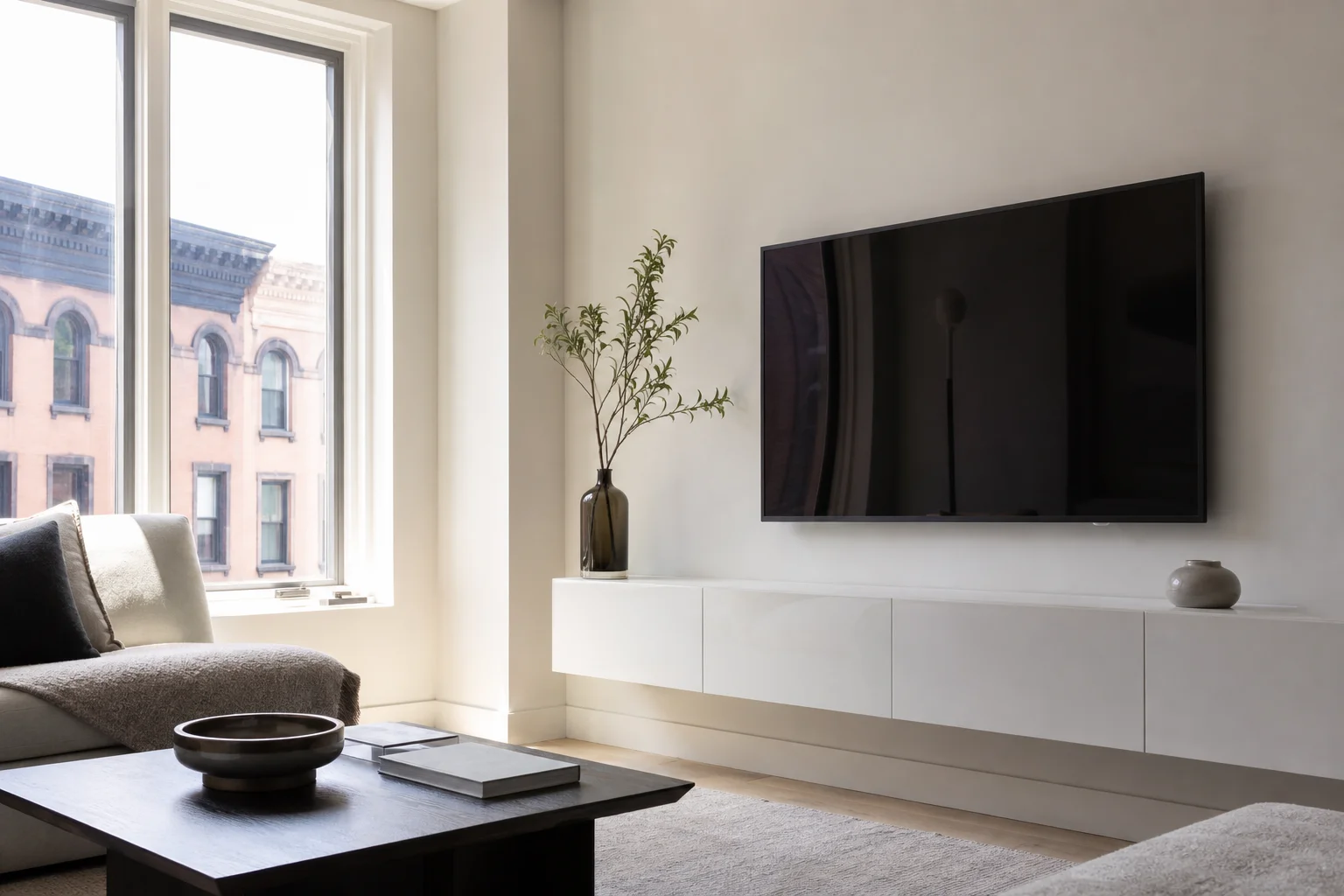 Small living room with a floating white shelf below the TV and concealed cabinets