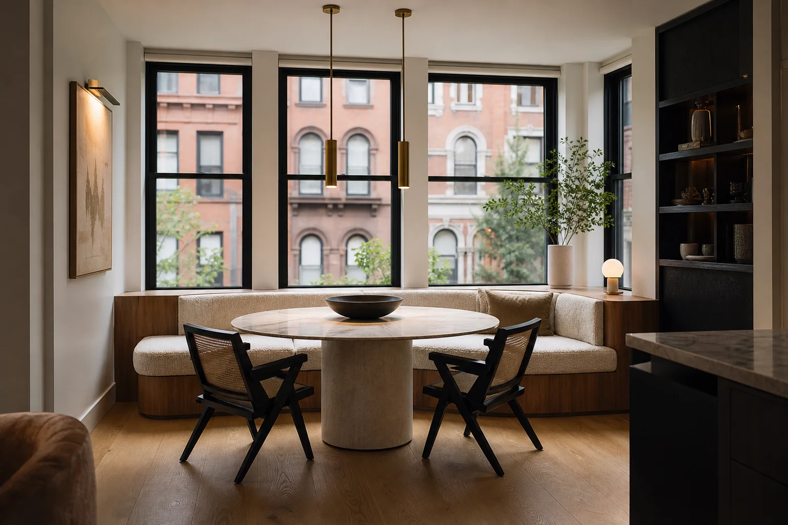 Small dining nook with built-in banquette and round marble table, window view of NYC brownstones