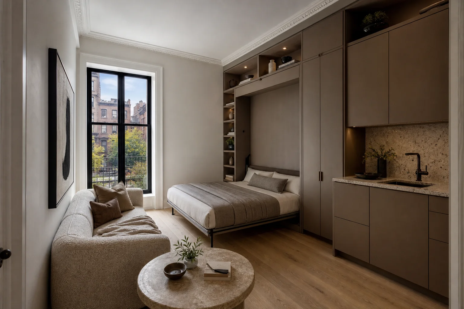 Compact studio with a Murphy bed, small kitchen and light oak floors, window showing NYC brownstone view