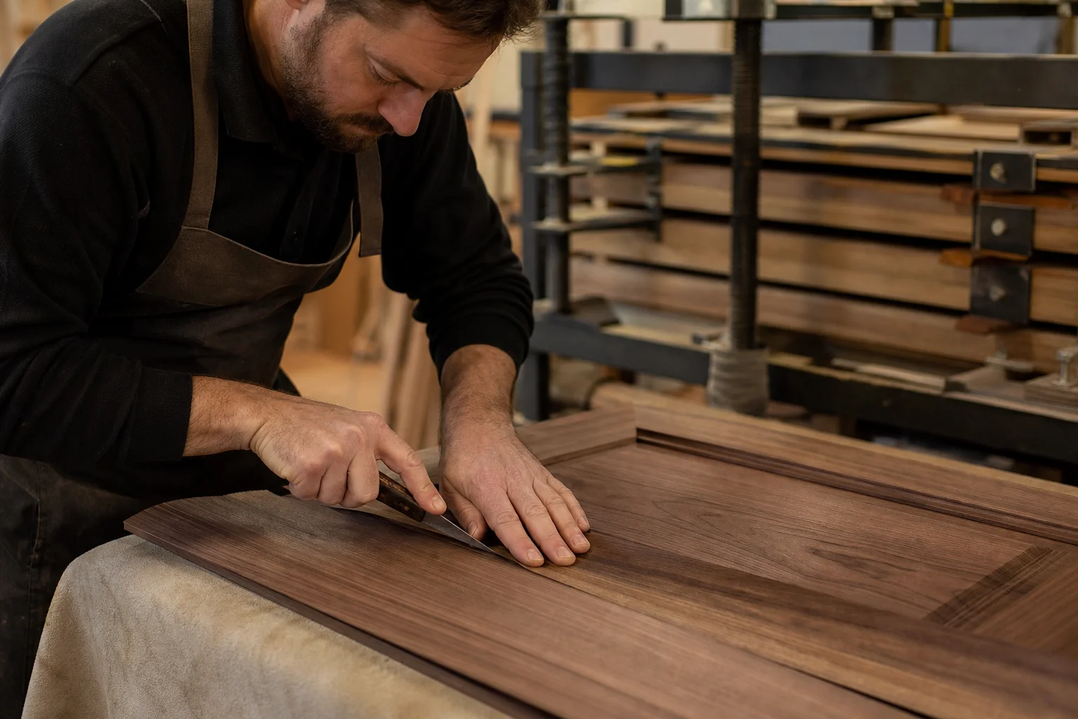 Craftsman trimming wood veneer on a cabinet door in a workshop