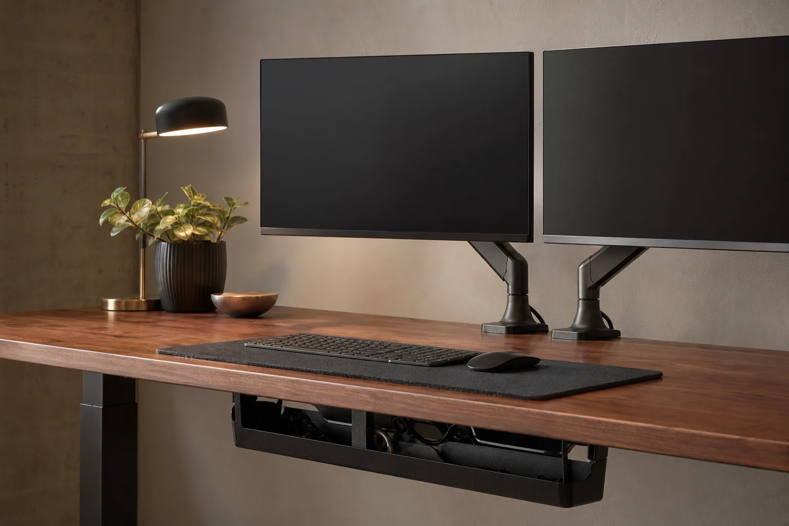 Solid walnut sit-stand desk with dual monitor arms