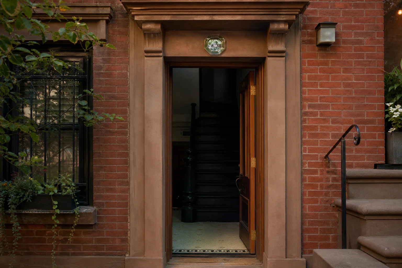 Exterior front door with convex octagonal bagua mirror mounted above door