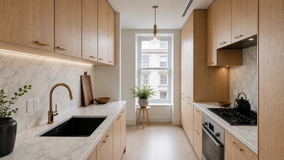 High-end galley kitchen renovation in a Manhattan apartment featured in image_a1dd3c.jpg, showcasing light oak custom cabinets with brass handles, white marble countertops and backsplash, a black under-mount sink, and a view of NYC buildings through a window
