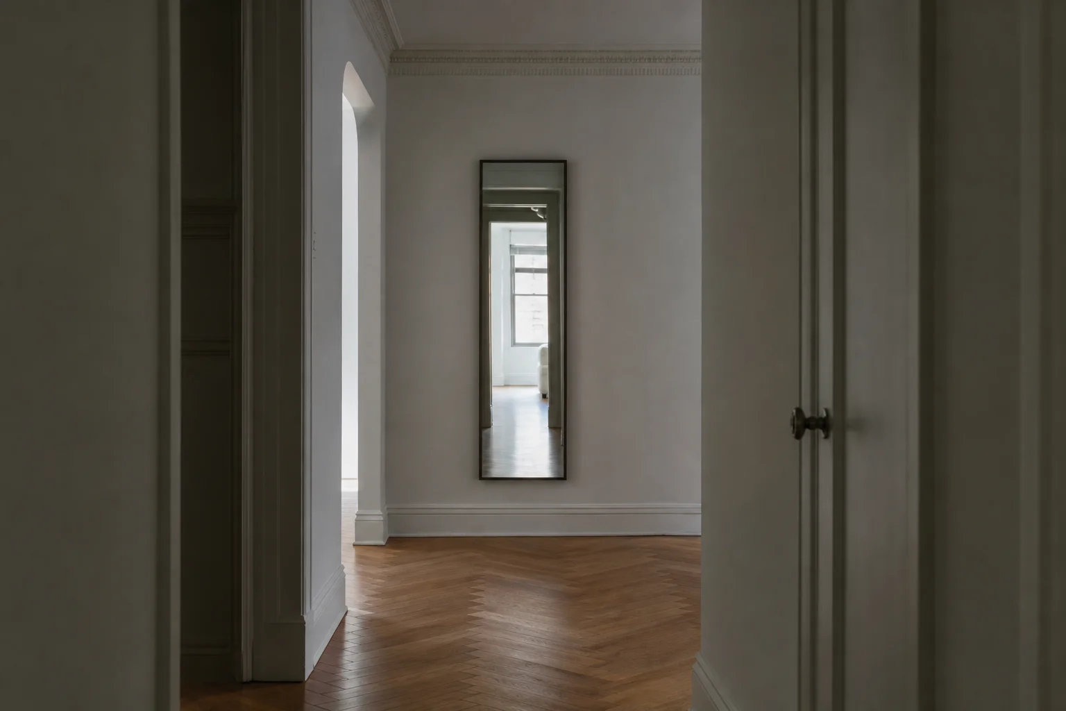 Hallway with slim vertical mirror reflecting window light