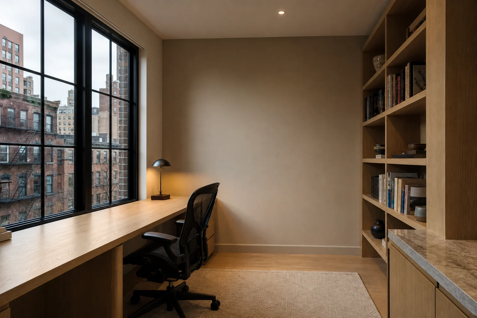 White oak home office desk along a window with brownstone view, ergonomic chair, and side shelving