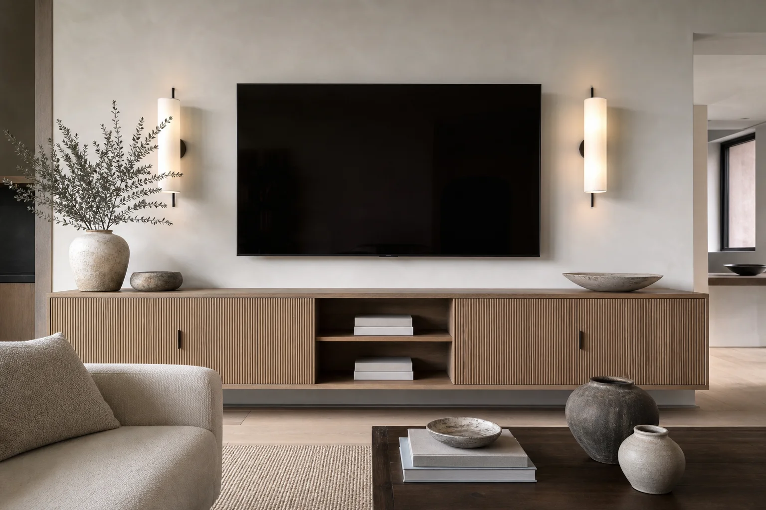 TV over a low console with fluted oak panels and wall sconces
