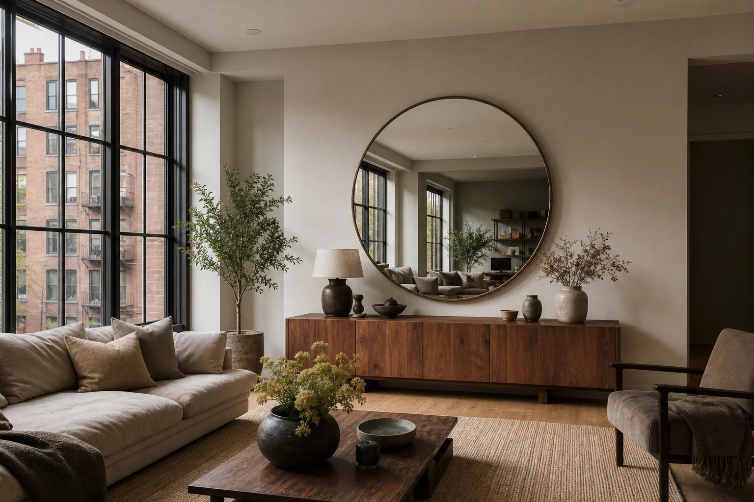 Living room with round mirror above walnut console and cream sofa, Manhattan brownstone view