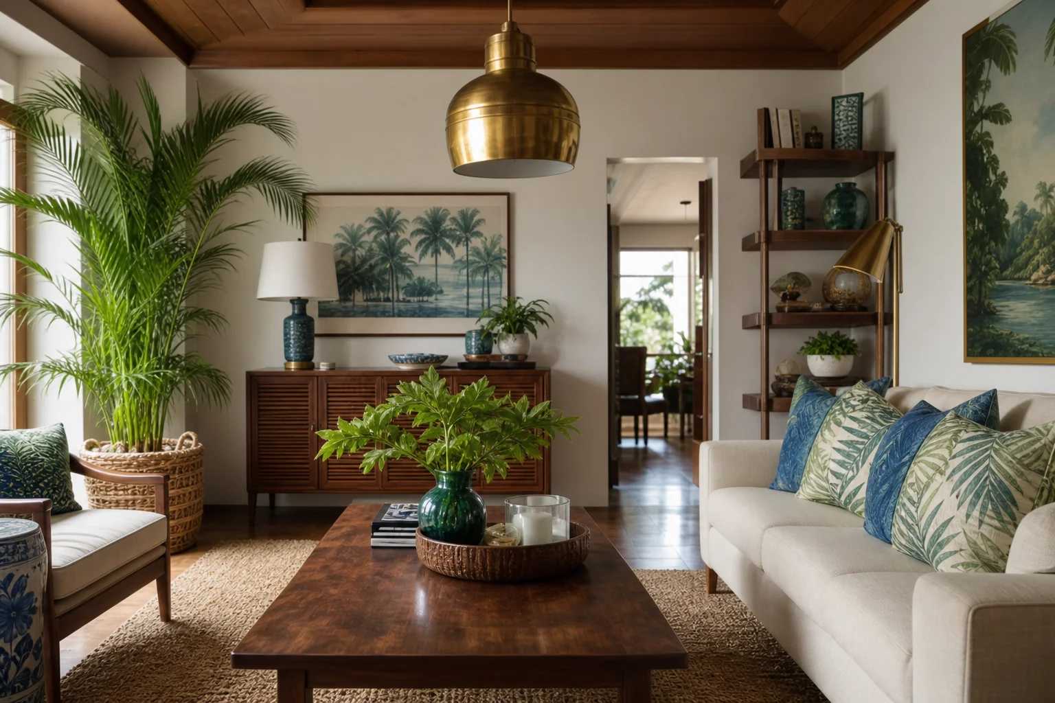 Tropical-style living room with plants, jute rug, and patterned cushions