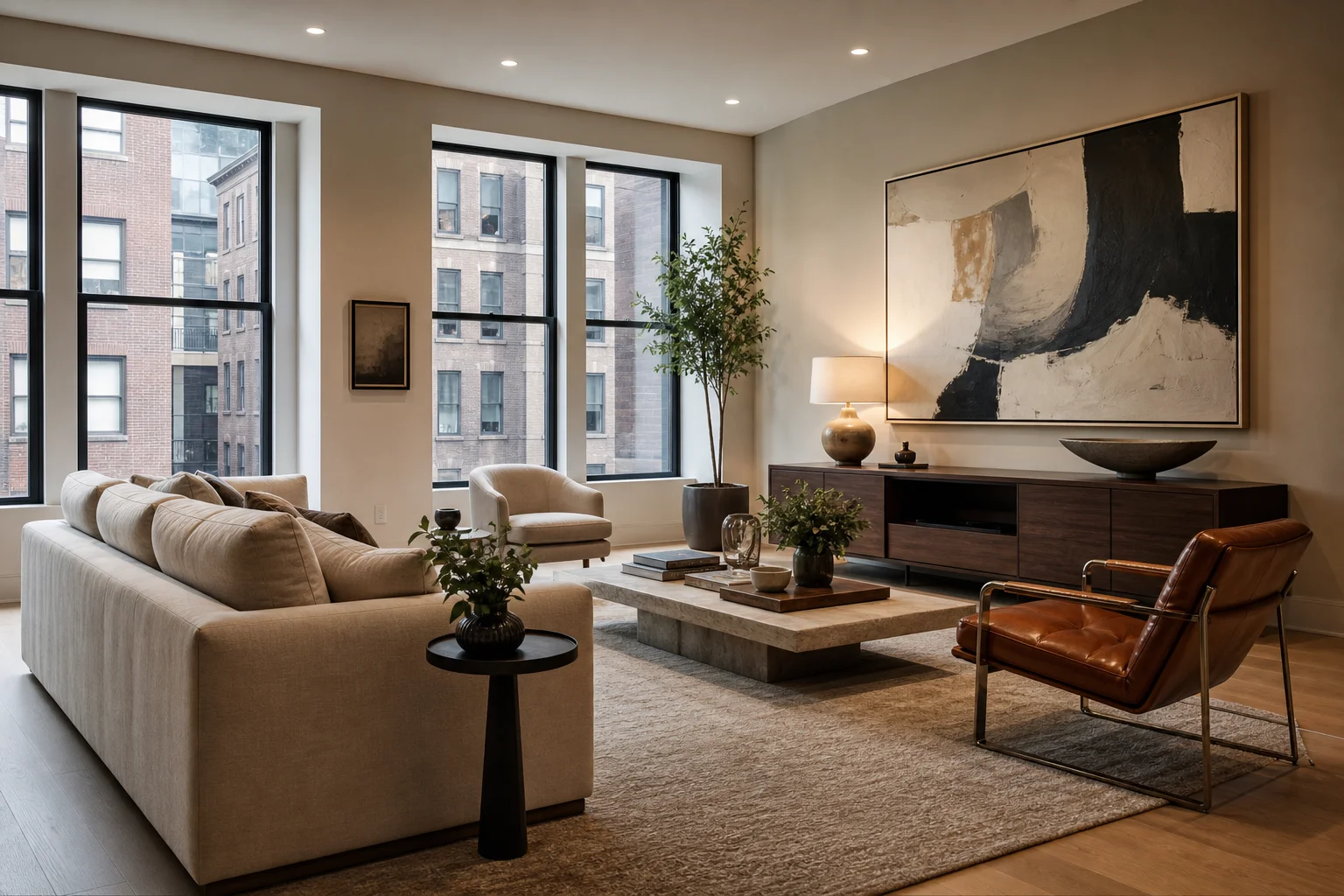 Living room with cream sofa, cognac chair, walnut media console and large abstract art, city view outside