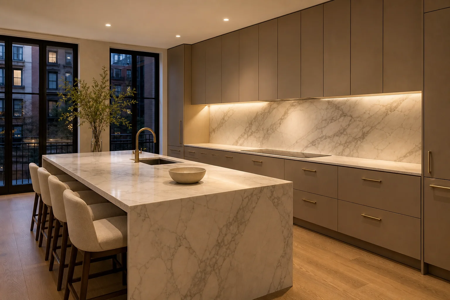 Wide luxury Manhattan kitchen with warm taupe flat-front cabinets, brass pulls, and a Calacatta waterfall island with counter stools, black-framed windows with brownstone view