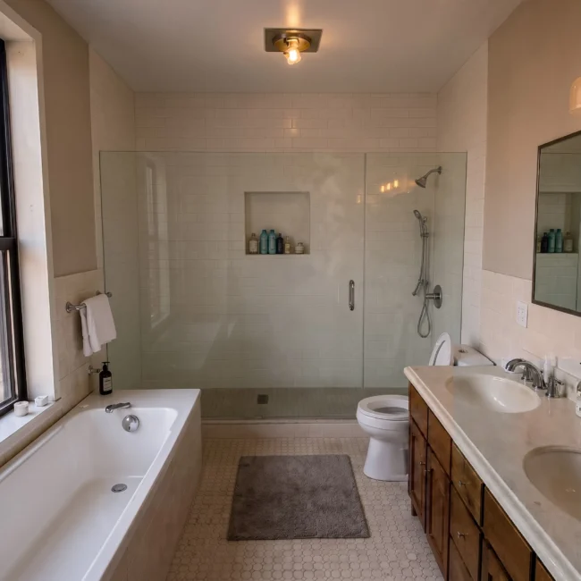Outdated Manhattan apartment bathroom before remodeling featuring a double wood vanity with a beige countertop, a standard white toilet, a walk-in glass shower with white subway tile, and a bathtub under a window with a city view.