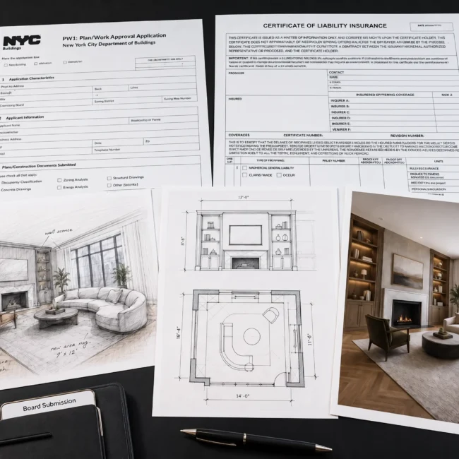 Flat lay overview of apartment renovation documentation showing an NYC Department of Buildings plan work approval application, a certificate of liability insurance form, a folder labeled Board Submission, a hand-drawn perspective living room sketch with notes, a technical layout blueprint, and a color rendering of the finished interior