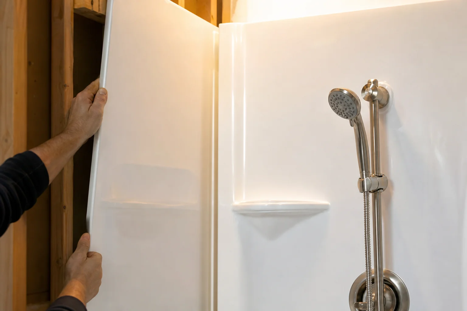 Installer fitting acrylic shower wall panels and handheld shower