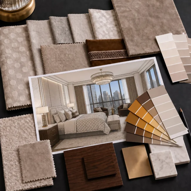 High-end interior design mood board for a luxury bedroom renovation featuring an interior rendering printout surrounded by material samples, including various beige and grey upholstery fabric swatches, paint color fan decks, dark walnut wood, brushed brass, and white marble tiles.