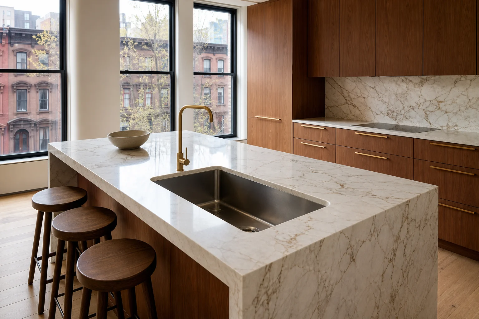 Refaced walnut kitchen with a large undermount island sink, brass faucet and pulls, and a Calacatta backsplash