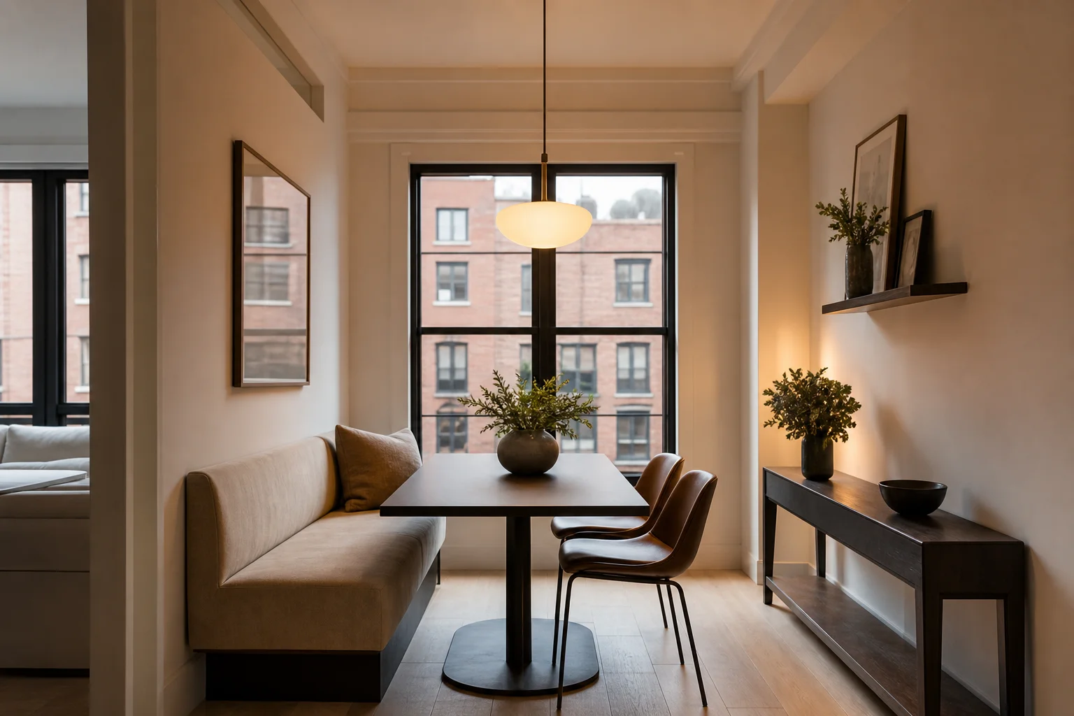 Narrow dining table with banquette on one side and two chairs, pass-through layout