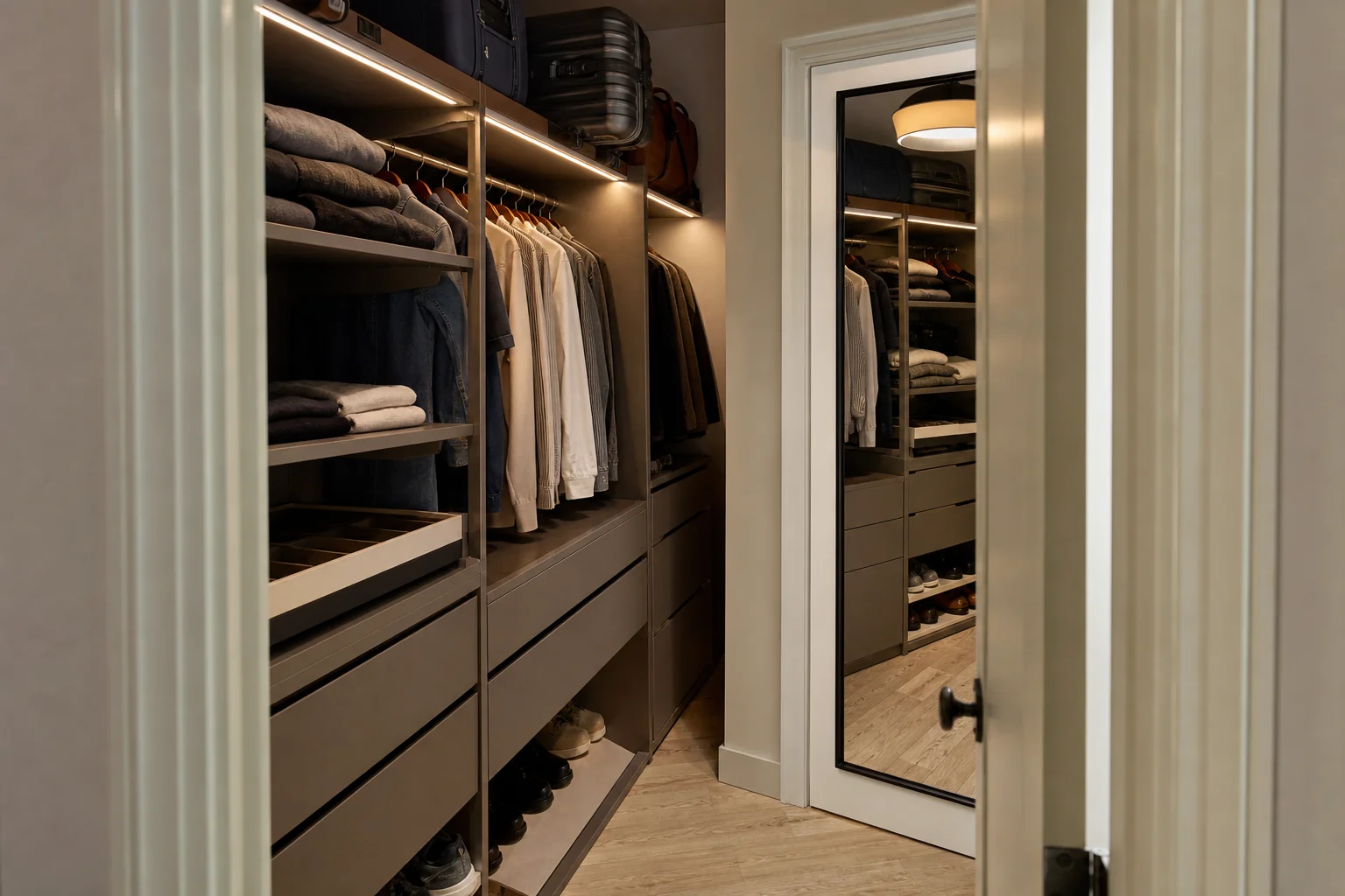 Compact walk-in closet with luggage on high shelves, drawers, and mirror