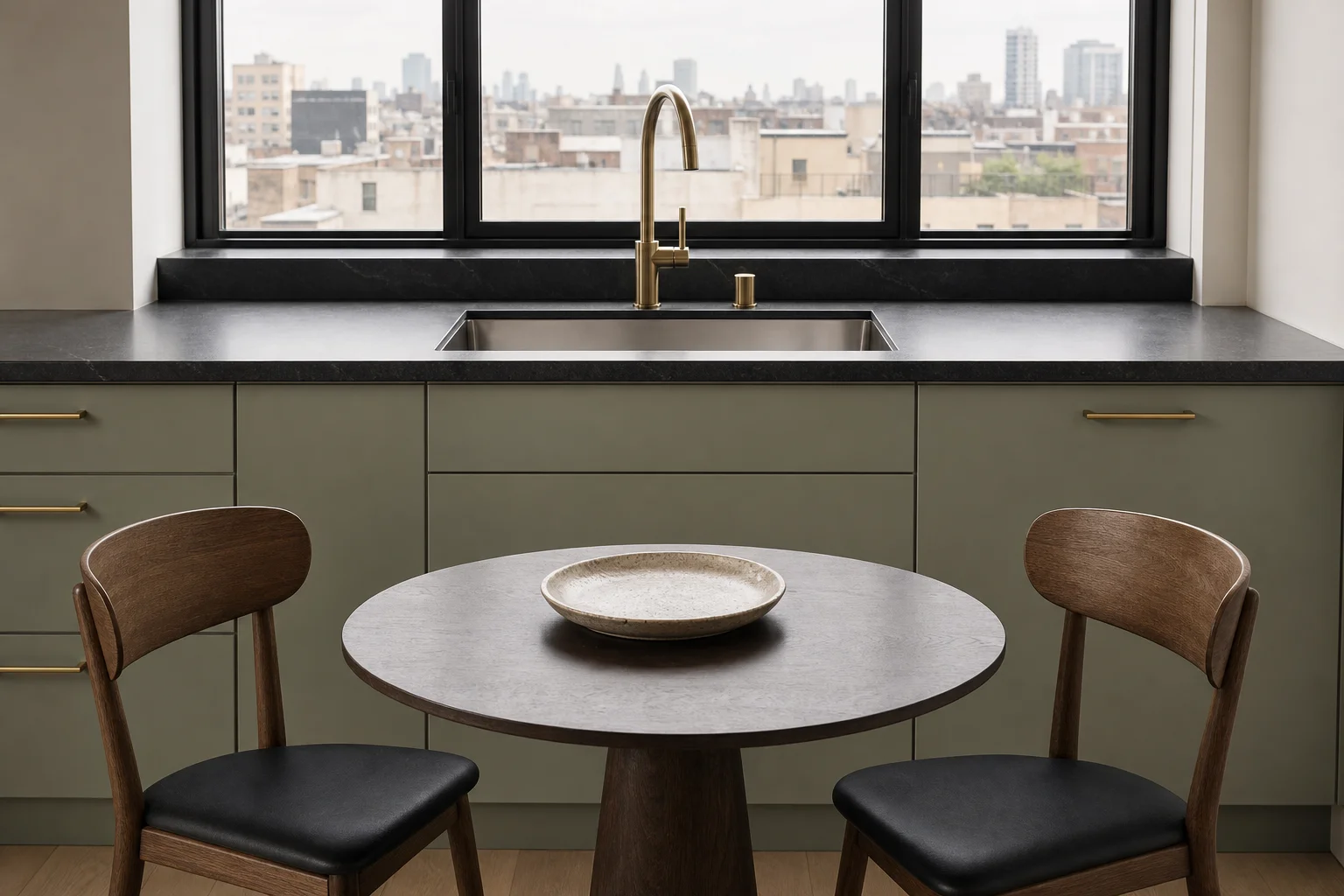 Compact kitchen with sage cabinets, charcoal countertop, a small bistro table and a window view