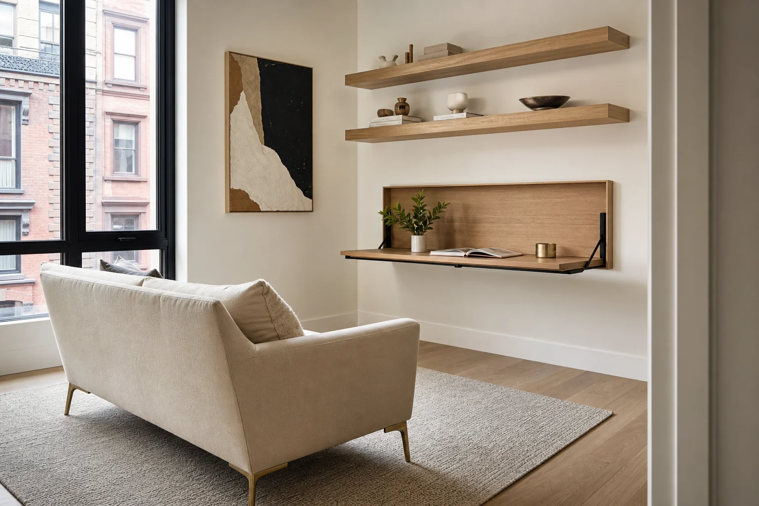 Small cream sofa opposite a fold-down desk and floating shelves, window with brownstone view
