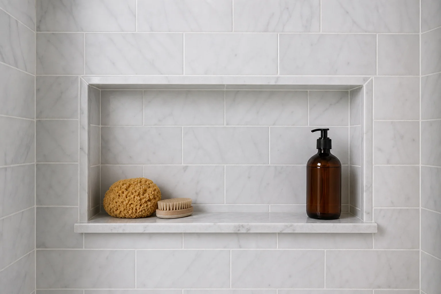 Tiled shower niche with honed marble shelf and linear grout