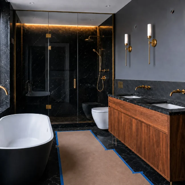High end bathroom remodeling project near completion featuring a freestanding black bathtub with a gold floor mount faucet by a large window overlooking NYC, a custom walnut double vanity with a black marble counter, wall mounted brass fixtures, and a glass walk in shower.