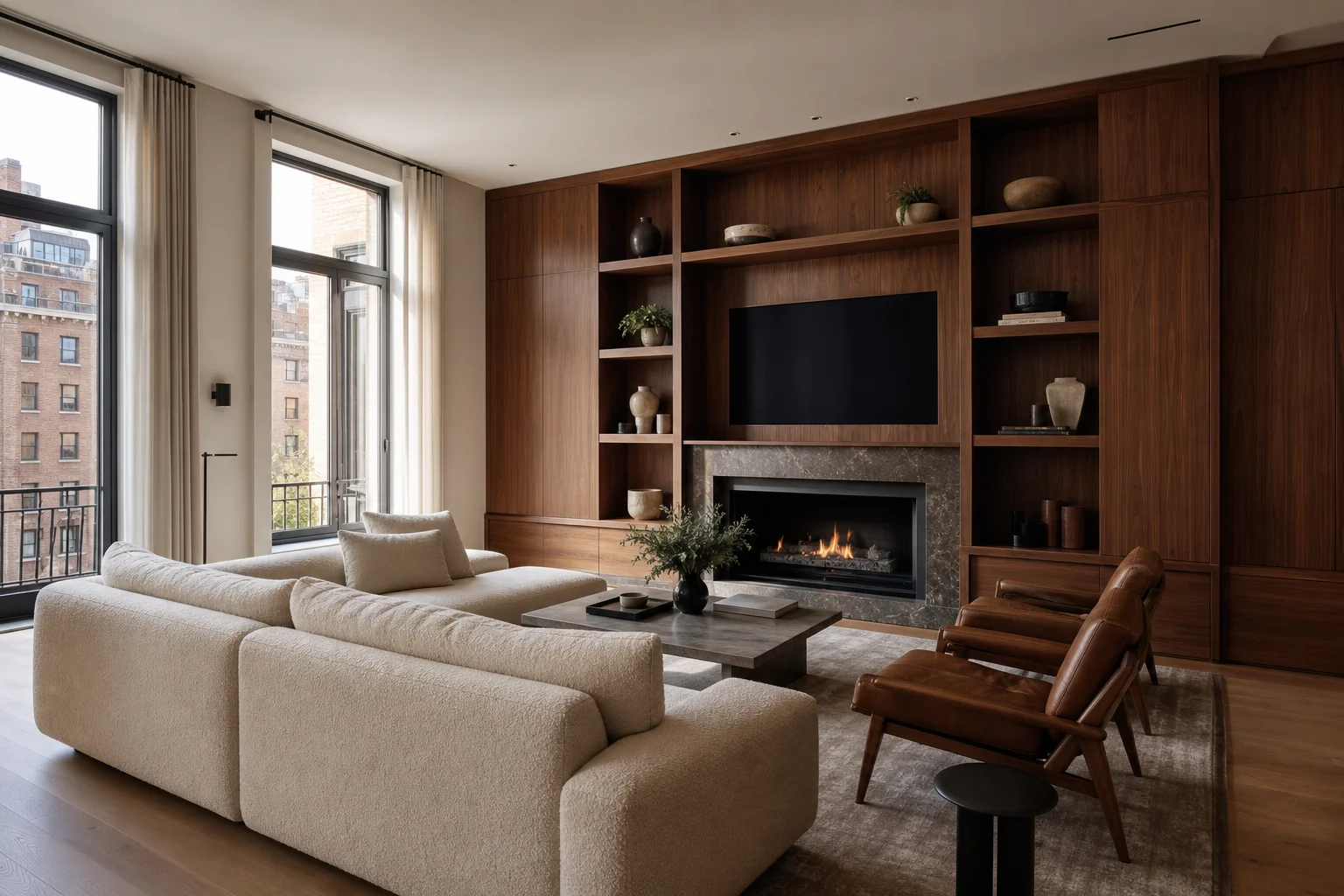 Living room with built-in walnut unit, L-shaped sofa, and cognac chairs