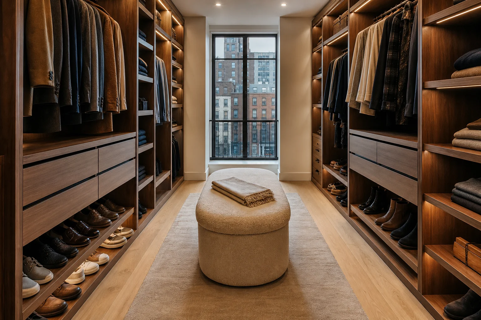 Warm walnut walk-in closet with central ottoman, shoe shelves, and a window view of brownstones