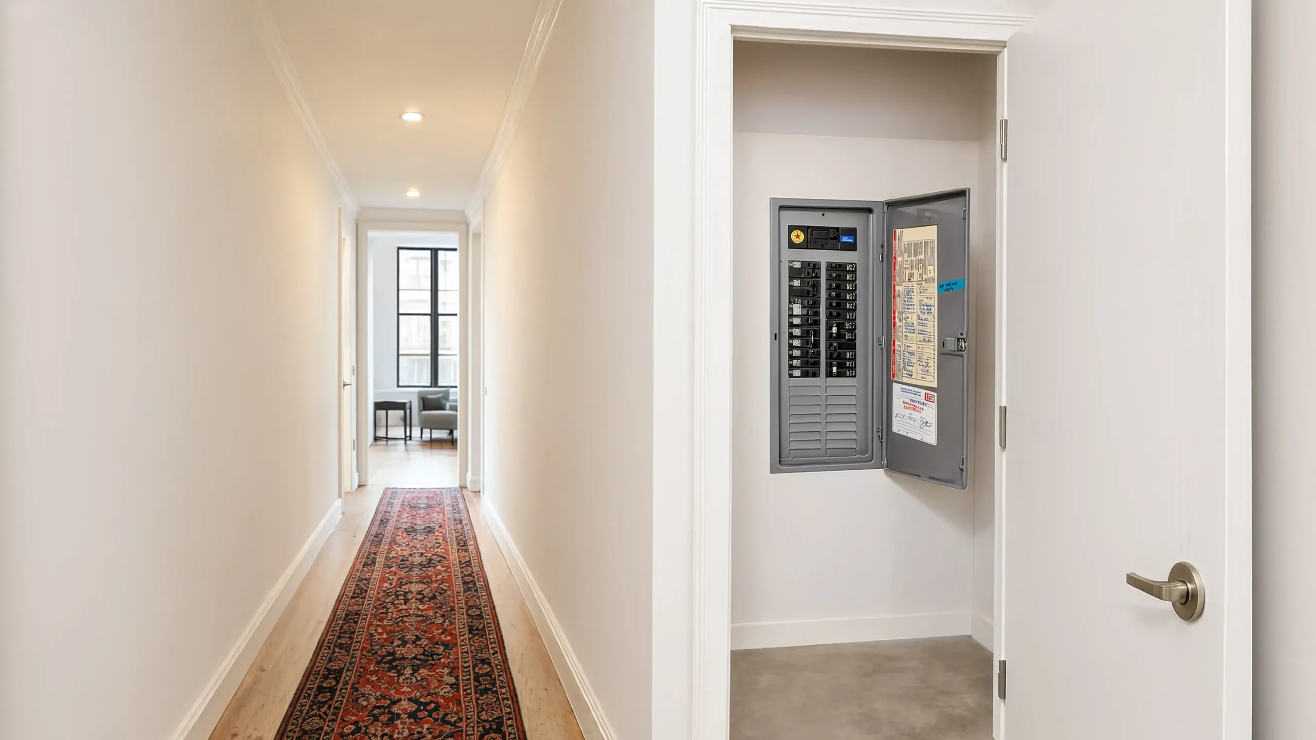 Electrical panel in a Manhattan apartment hallway closet, its door open showing the circuit directory and two columns of breakers