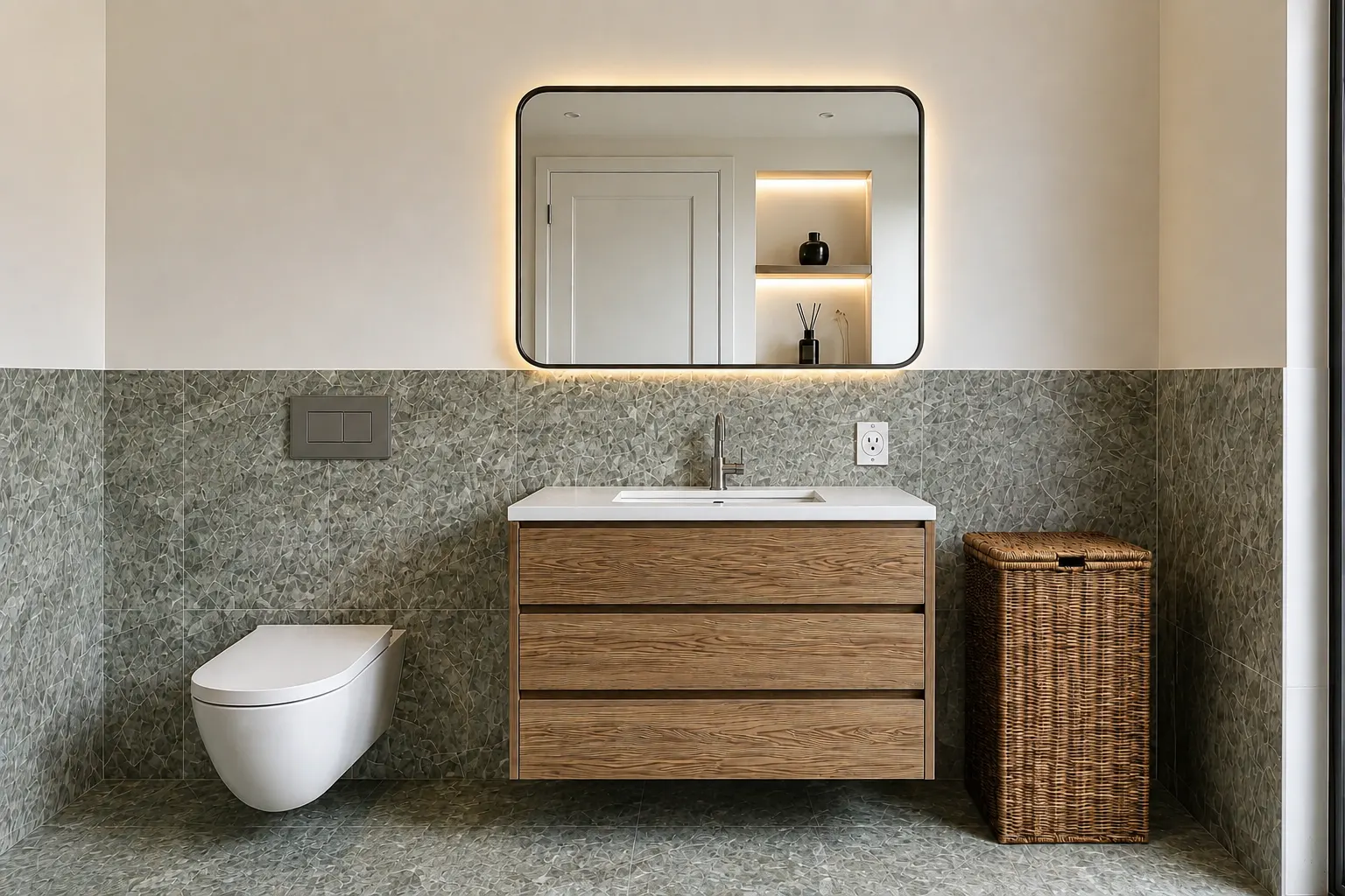 Compact Manhattan bathroom with a wall-hung toilet, a narrow oak vanity and a mirror above it