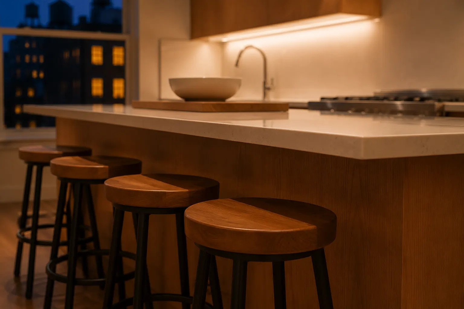 Kitchen island seating side with stools tucked 