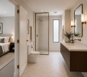 View looking through an open solid white door from a bedroom into an en suite bathroom featuring a floating wooden double vanity, marble herringbone floor, a modern freestanding bathtub behind a fluted brass-framed opaque glass partition screen, and a narrow window looking out to city buildings.