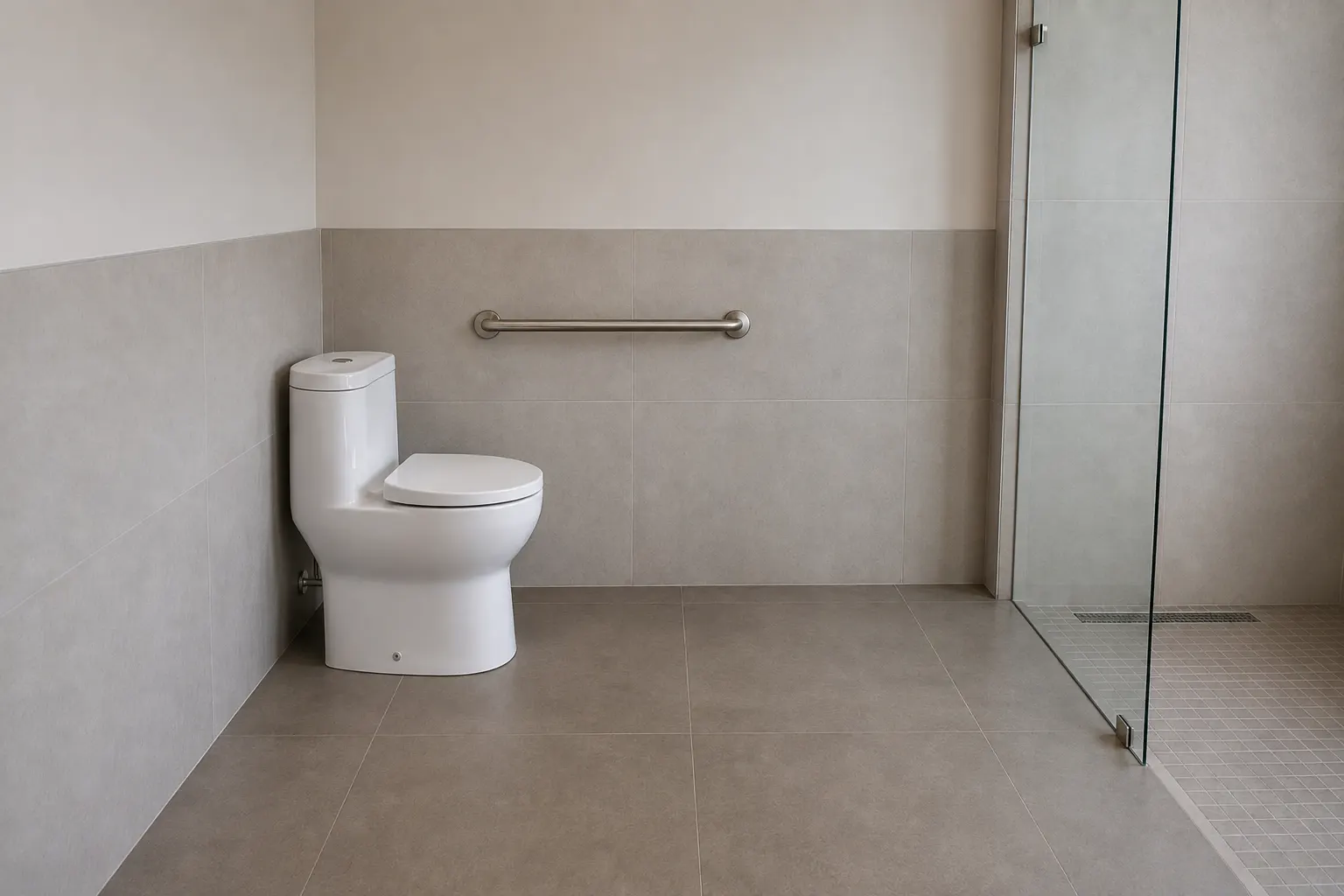 The clear zone is what grows, not the fixture: the bowl sits about where it always sat, with open floor alongside it
